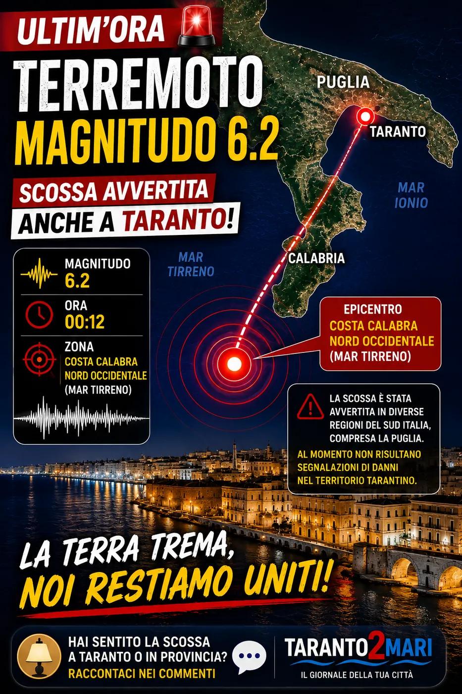 TERREMOTO DI MAGNITUDO 6.2 NEL MAR TIRRENO: SCOSSA AVVERTITA ANCHE A TARANTO