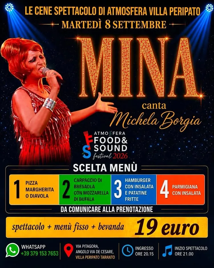 Locandina Food & Sound, Michela Borgia canta Mina a Villa Peripato, 8 settembre 2026