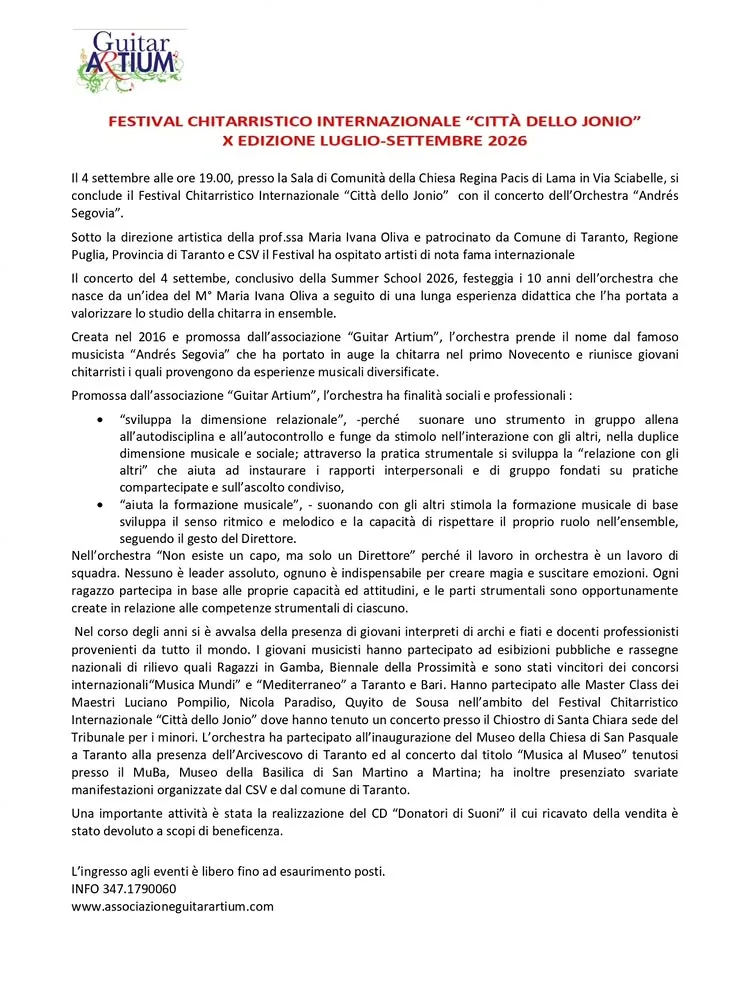 Orchestra Andrés Segovia · Festival Chitarristico Città dello Jonio
